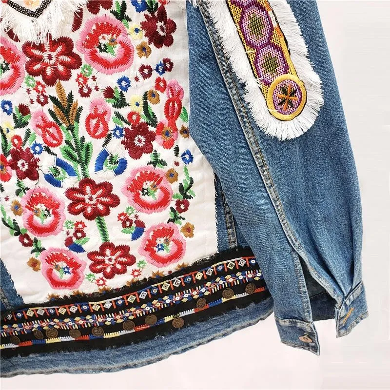 Boho Denim Jacket with Floral Appliques