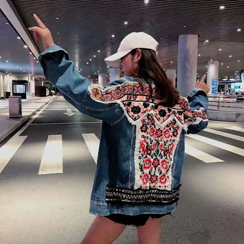 Boho Denim Jacket with Floral Appliques