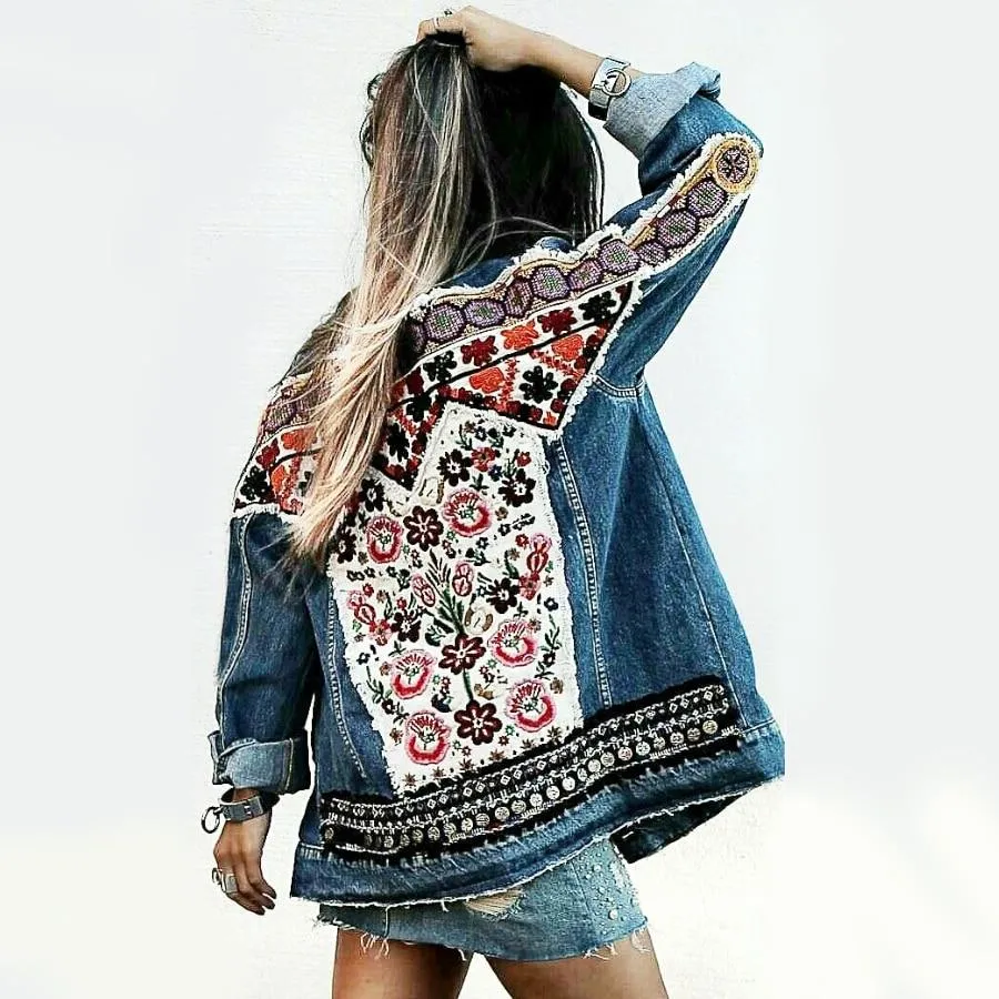 Boho Denim Jacket with Floral Appliques
