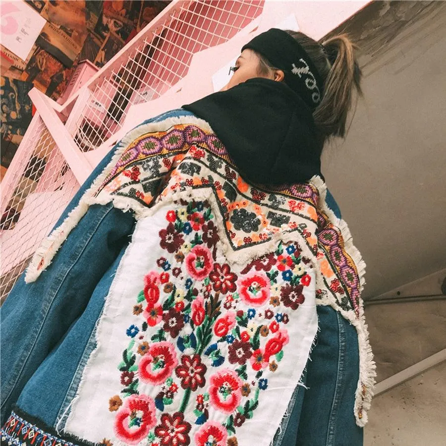 Boho Denim Jacket with Floral Appliques
