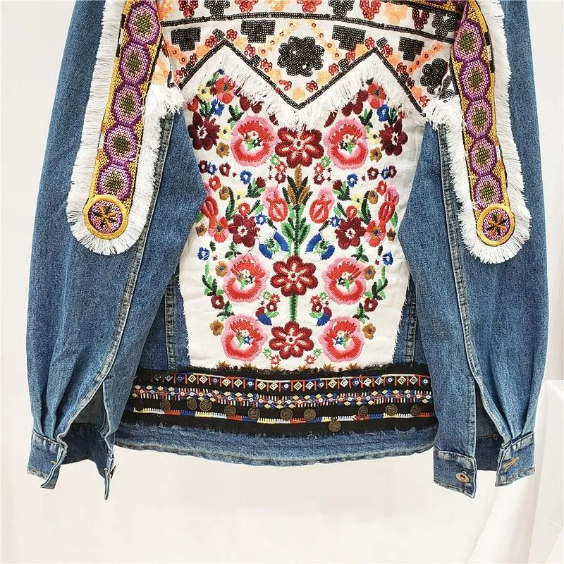 Boho Denim Jacket with Floral Appliques