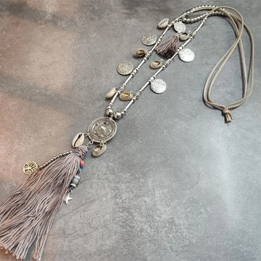 Boho Leather Necklace With Long Tassel