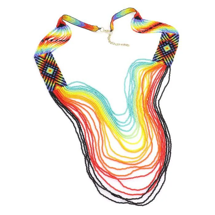 Boho Pattern Detail Colorful Seed Beaded Multi Layered Bib Necklace