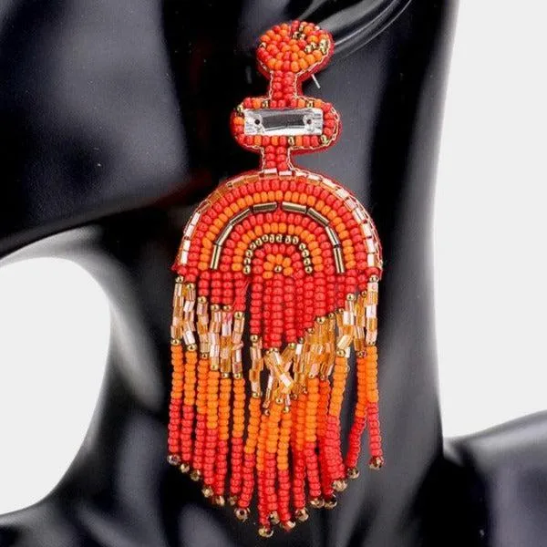 Boho Red Seed Beaded Fringe Earrings
