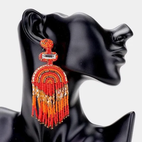 Boho Red Seed Beaded Fringe Earrings