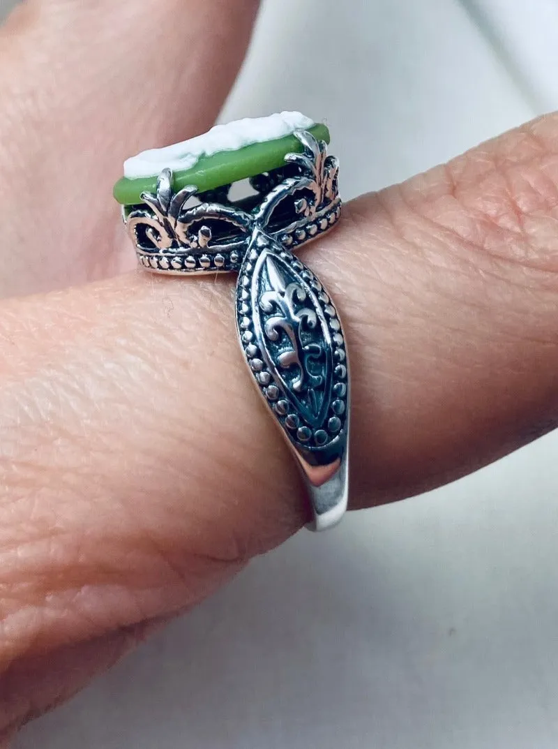 Cameo Gothic Ring, Green & White Lady Sterling Silver Ring #D133
