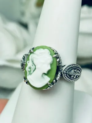 Cameo Gothic Ring, Green & White Lady Sterling Silver Ring #D133