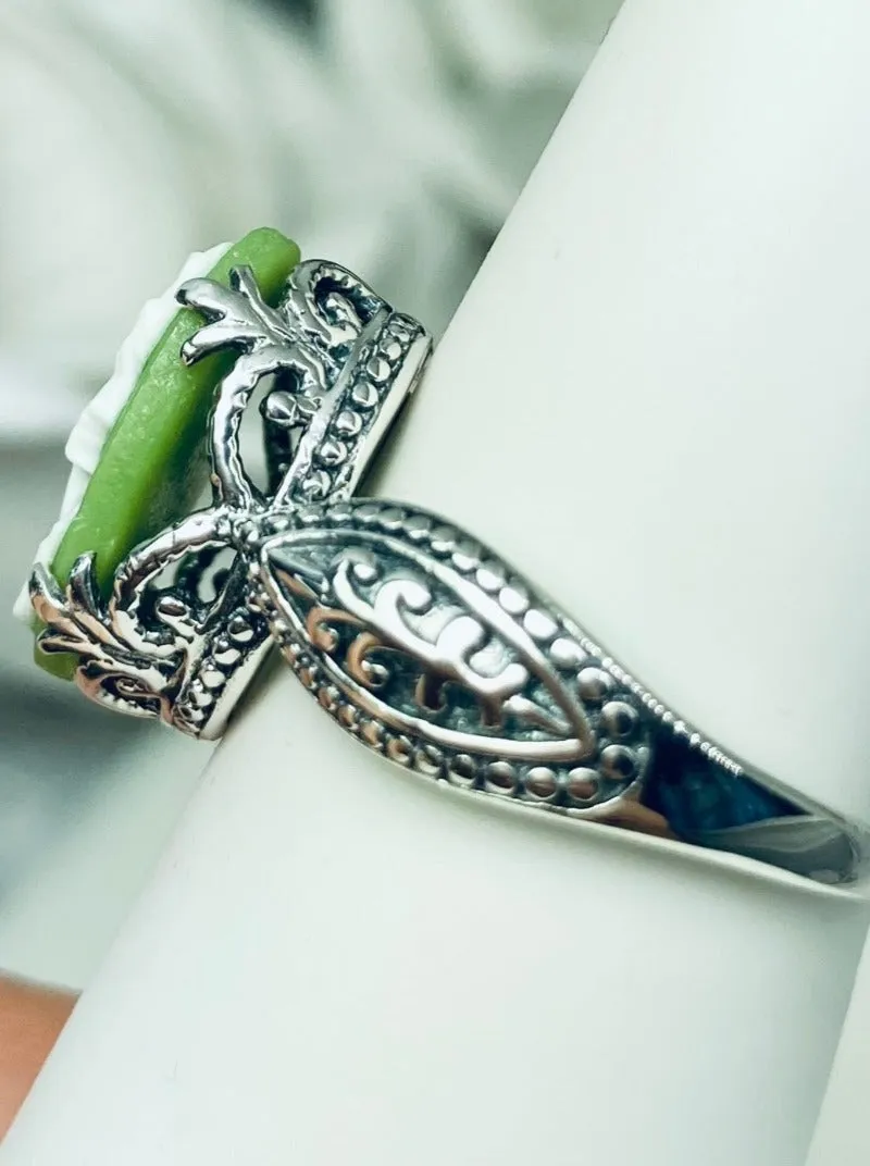Cameo Gothic Ring, Green & White Lady Sterling Silver Ring #D133
