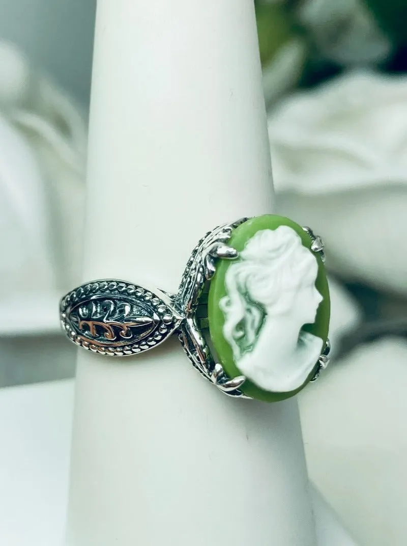 Cameo Gothic Ring, Green & White Lady Sterling Silver Ring #D133