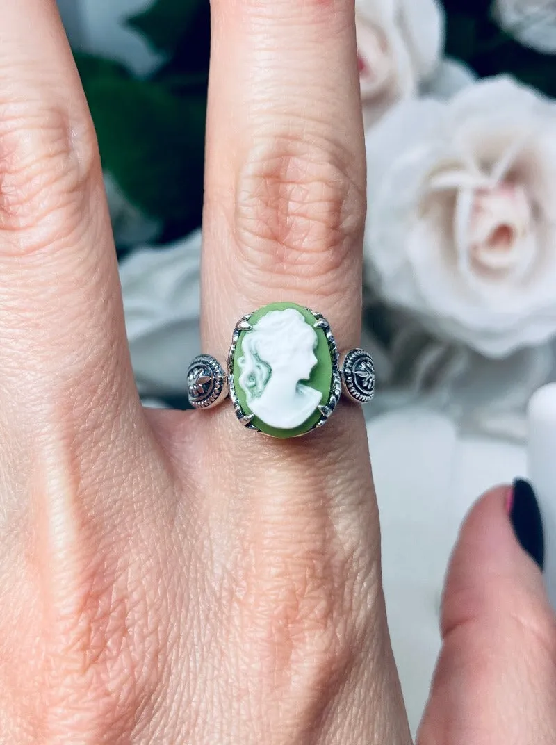 Cameo Gothic Ring, Green & White Lady Sterling Silver Ring #D133