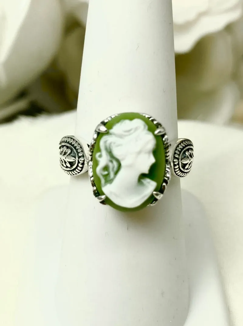 Cameo Gothic Ring, Green & White Lady Sterling Silver Ring #D133