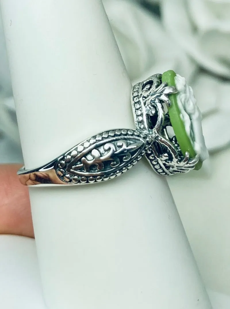 Cameo Gothic Ring, Green & White Lady Sterling Silver Ring #D133