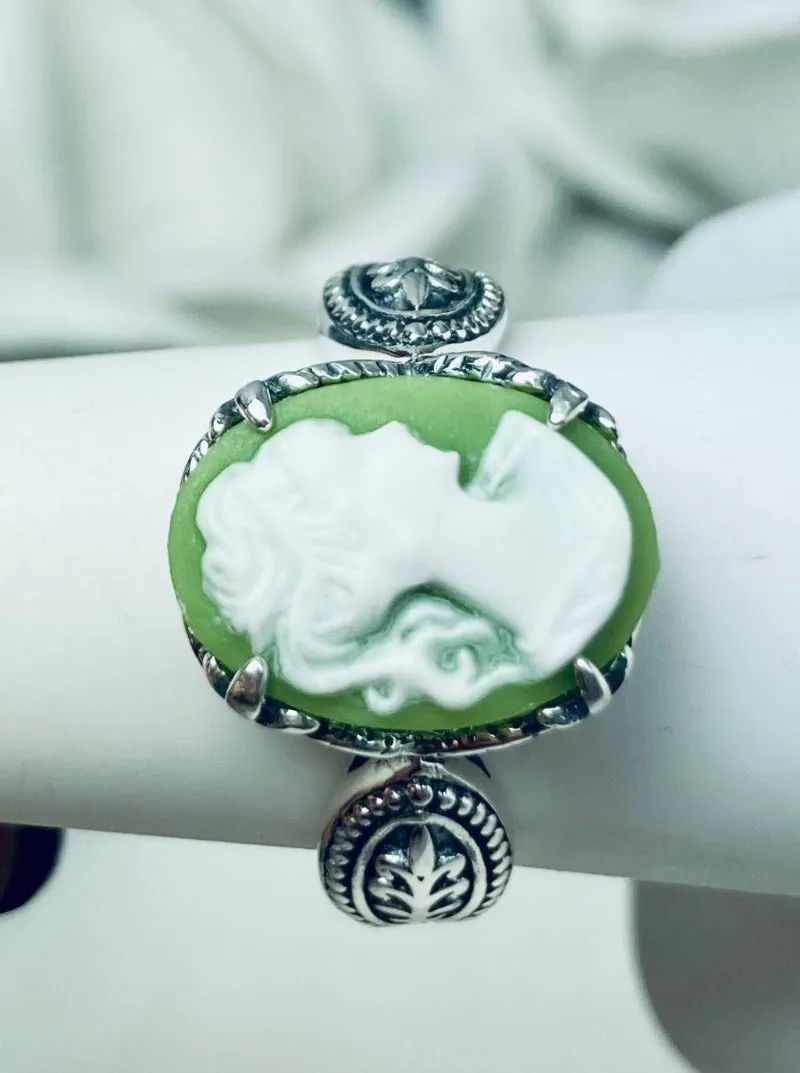 Cameo Gothic Ring, Green & White Lady Sterling Silver Ring #D133