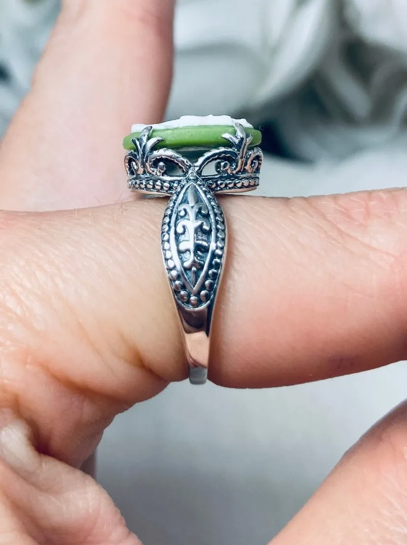 Cameo Gothic Ring, Green & White Lady Sterling Silver Ring #D133