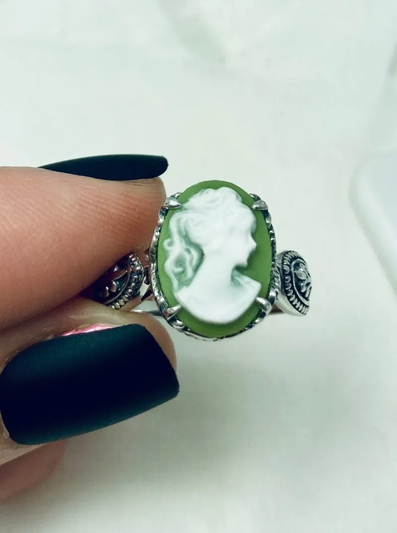 Cameo Gothic Ring, Green & White Lady Sterling Silver Ring #D133