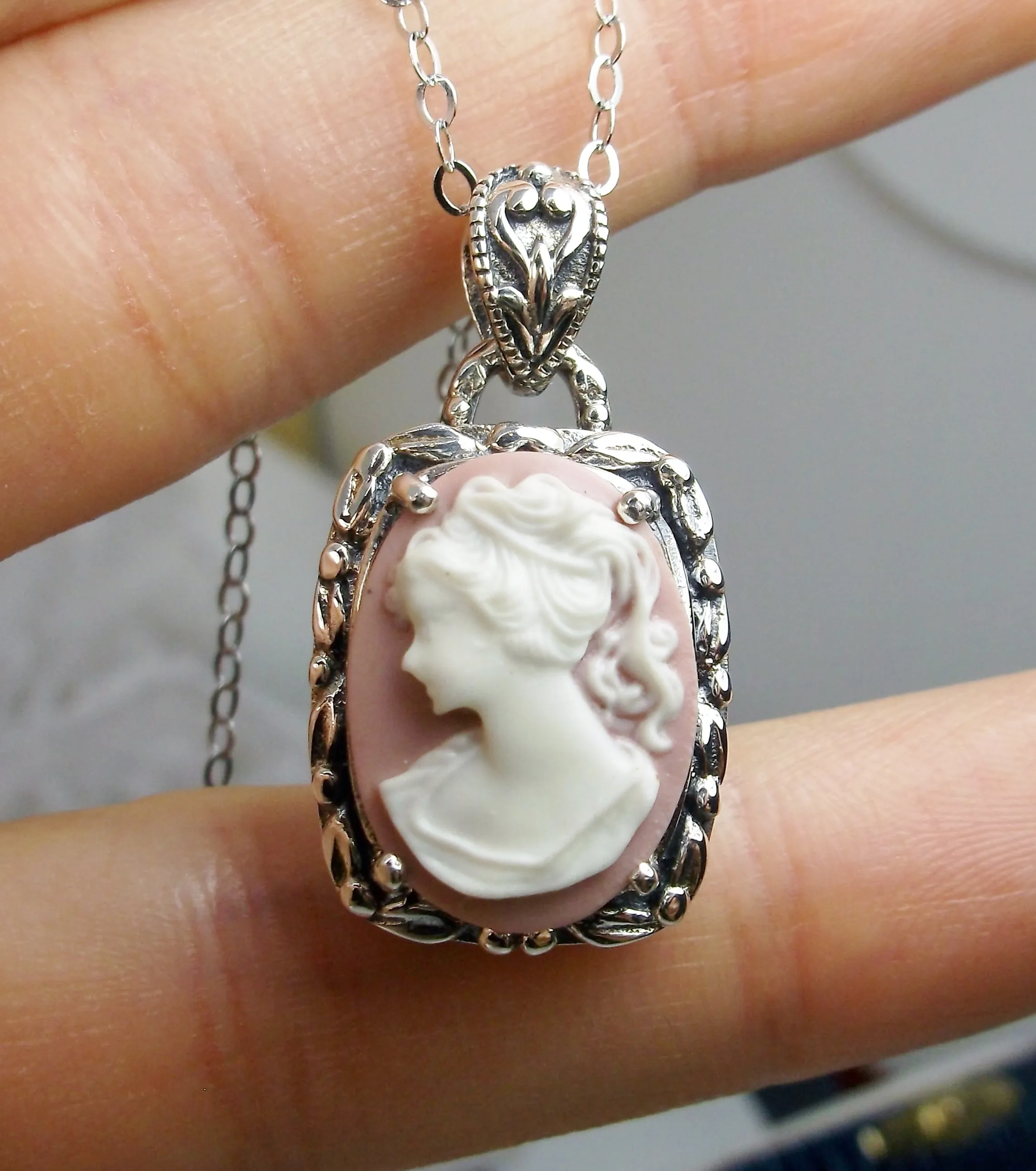 Cameo | Pink Lady, Silver Filigree Pendant, Art Nouveau Necklace #P120