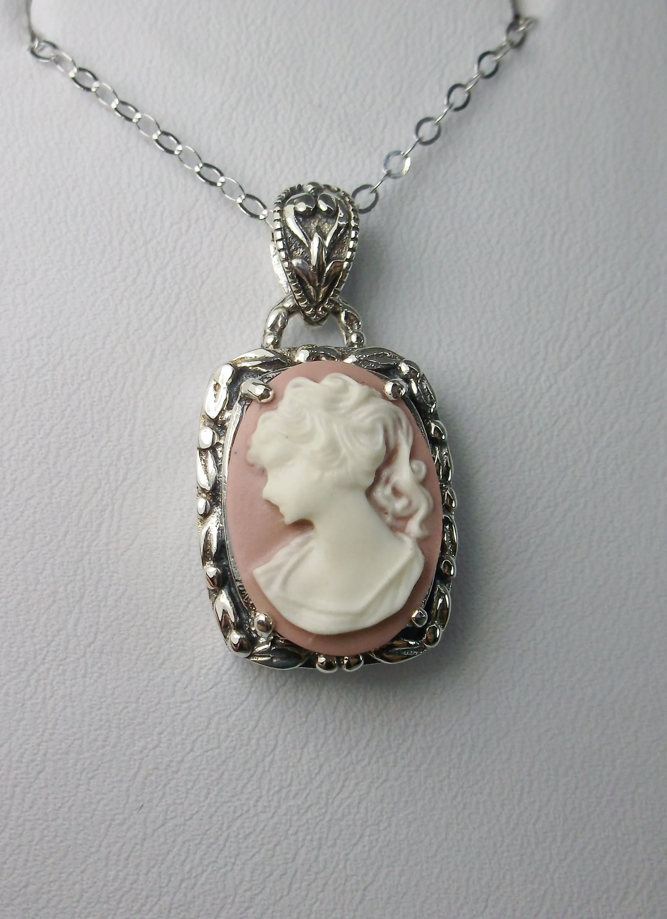 Cameo | Pink Lady, Silver Filigree Pendant, Art Nouveau Necklace #P120