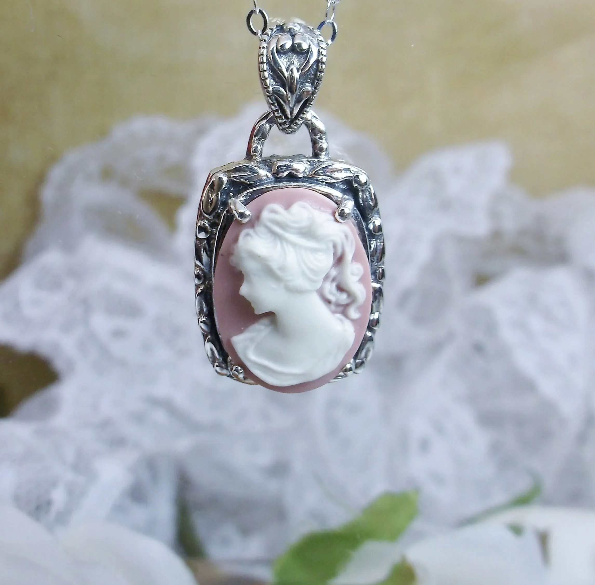 Cameo | Pink Lady, Silver Filigree Pendant, Art Nouveau Necklace #P120