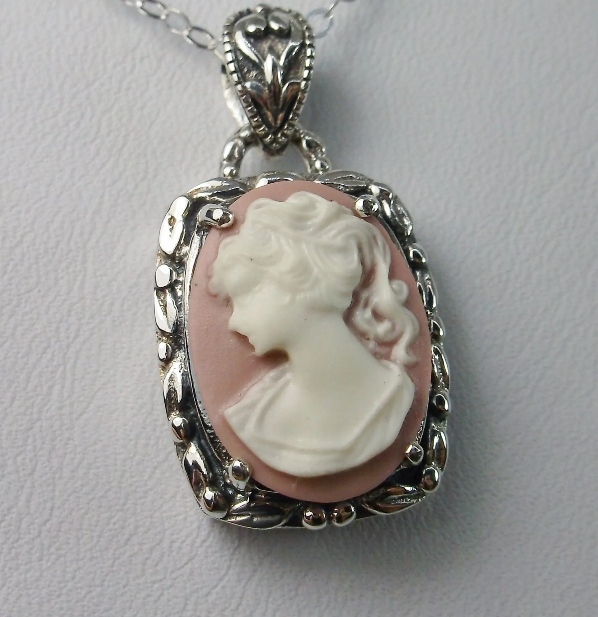 Cameo | Pink Lady, Silver Filigree Pendant, Art Nouveau Necklace #P120
