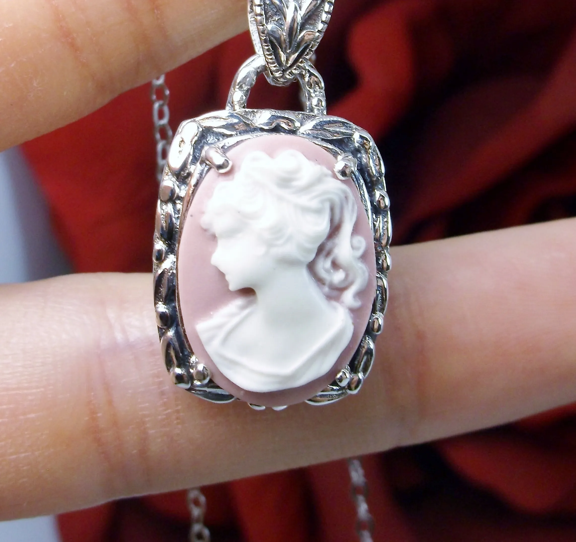 Cameo | Pink Lady, Silver Filigree Pendant, Art Nouveau Necklace #P120