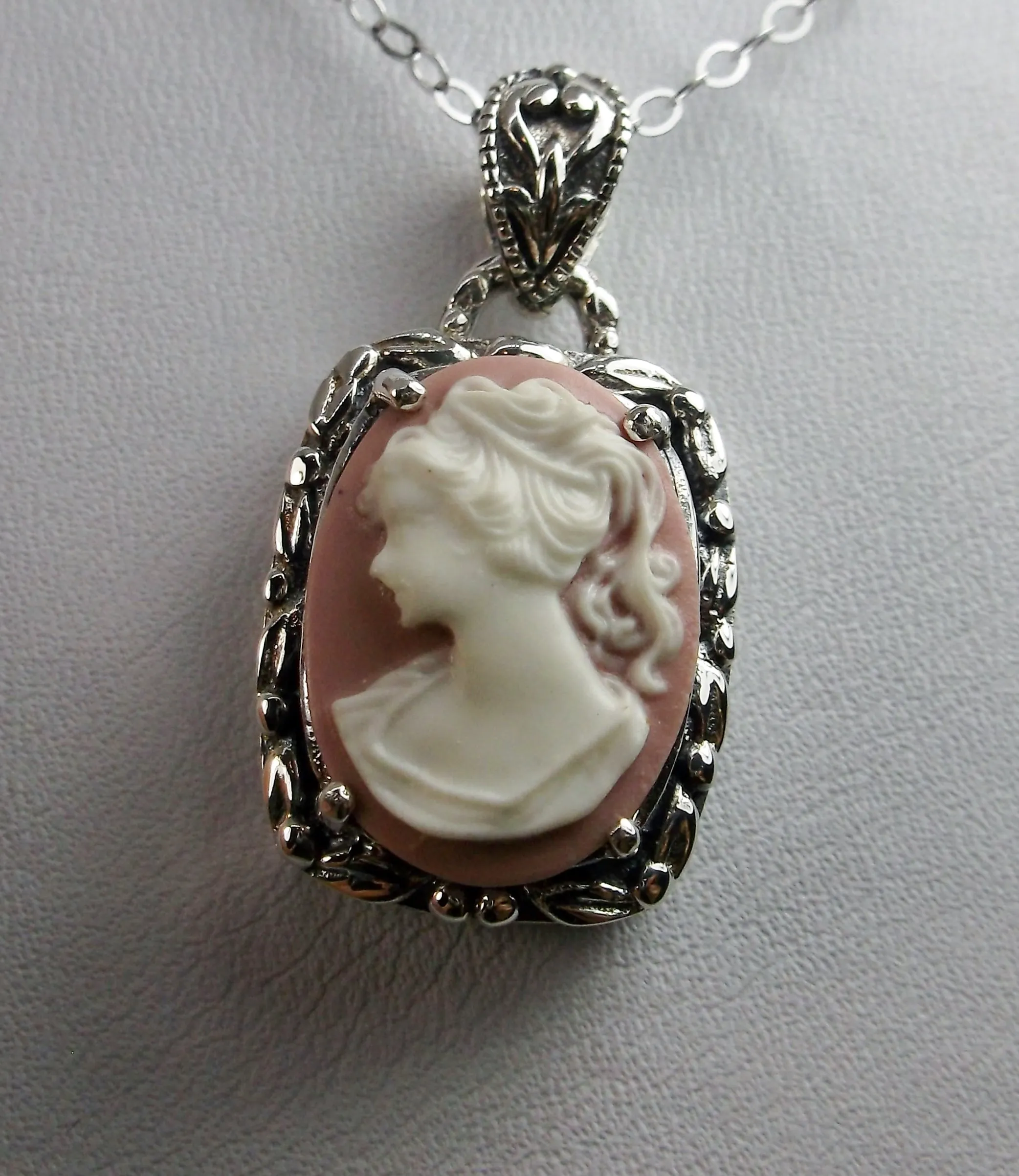 Cameo | Pink Lady, Silver Filigree Pendant, Art Nouveau Necklace #P120