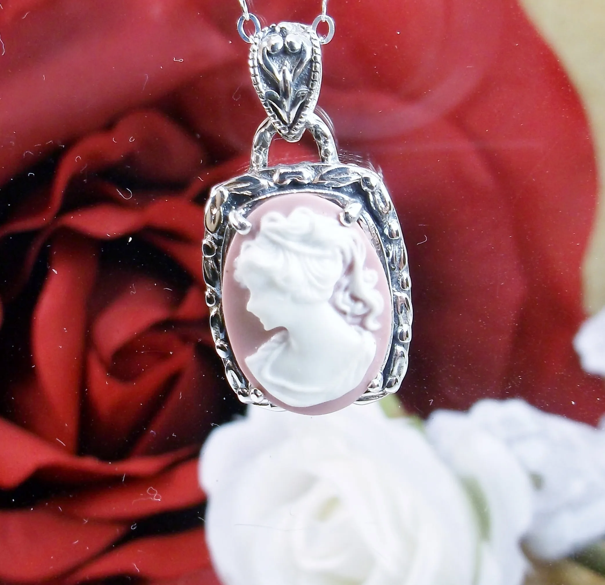 Cameo | Pink Lady, Silver Filigree Pendant, Art Nouveau Necklace #P120