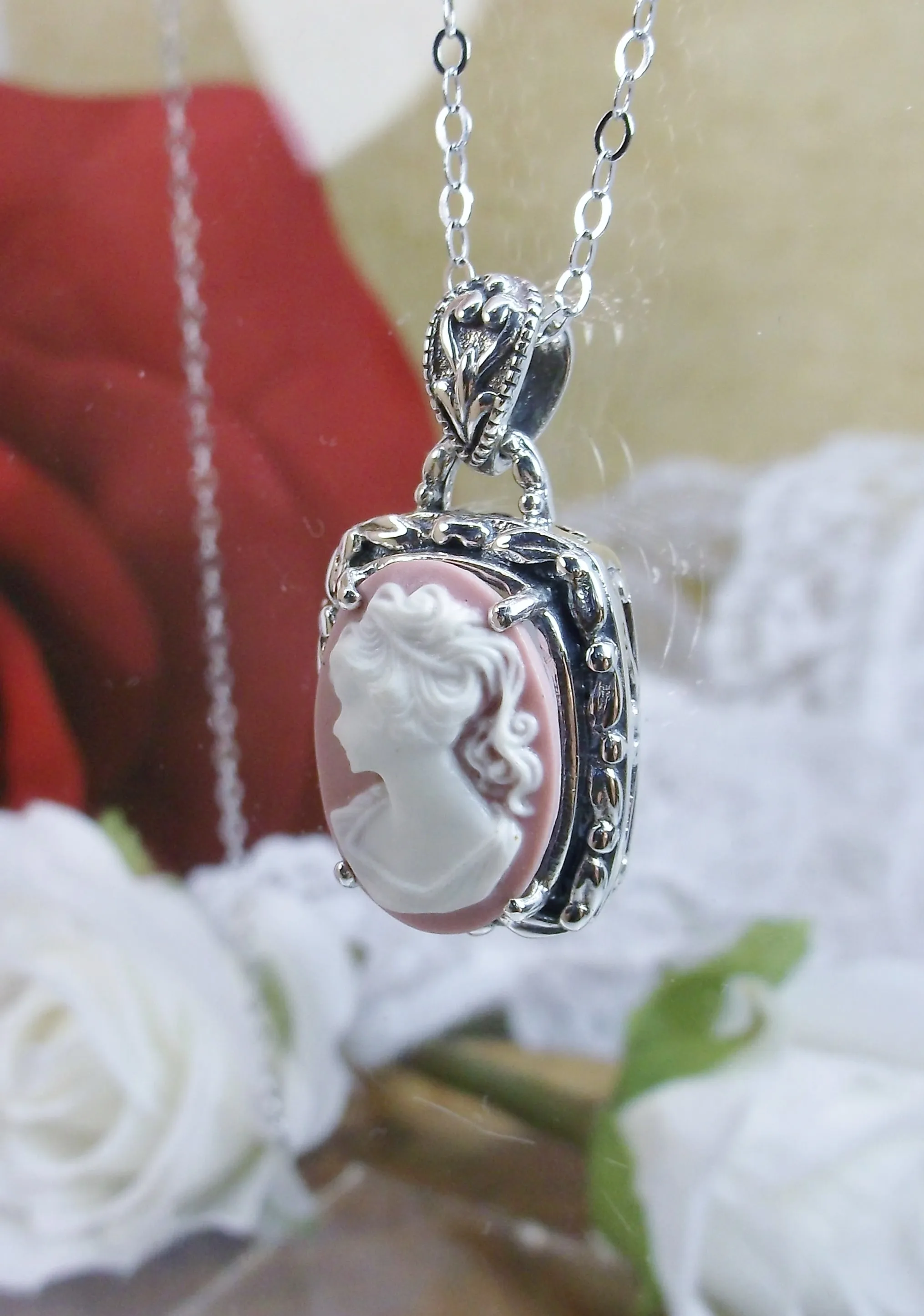 Cameo | Pink Lady, Silver Filigree Pendant, Art Nouveau Necklace #P120