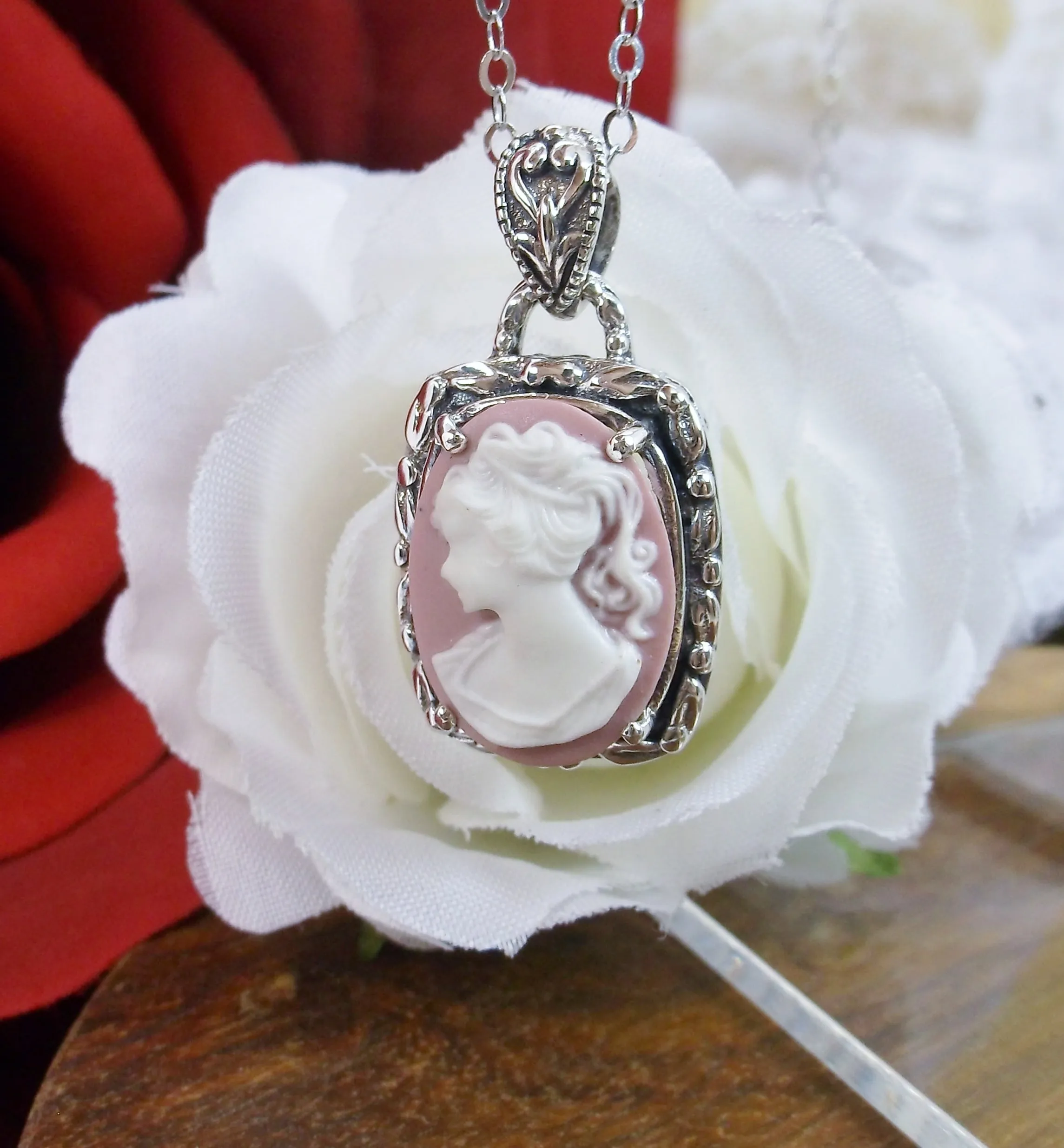 Cameo | Pink Lady, Silver Filigree Pendant, Art Nouveau Necklace #P120