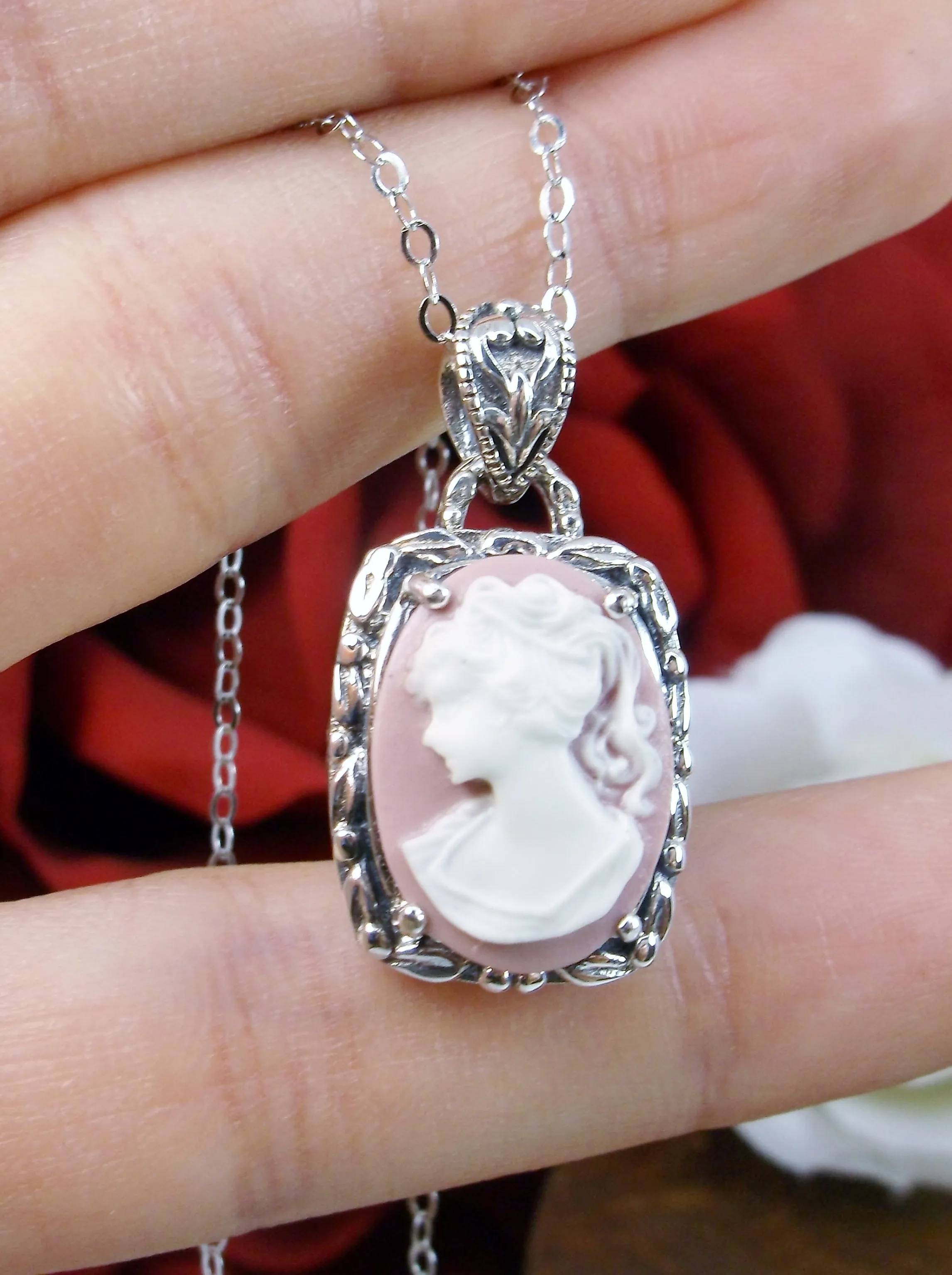 Cameo | Pink Lady, Silver Filigree Pendant, Art Nouveau Necklace #P120