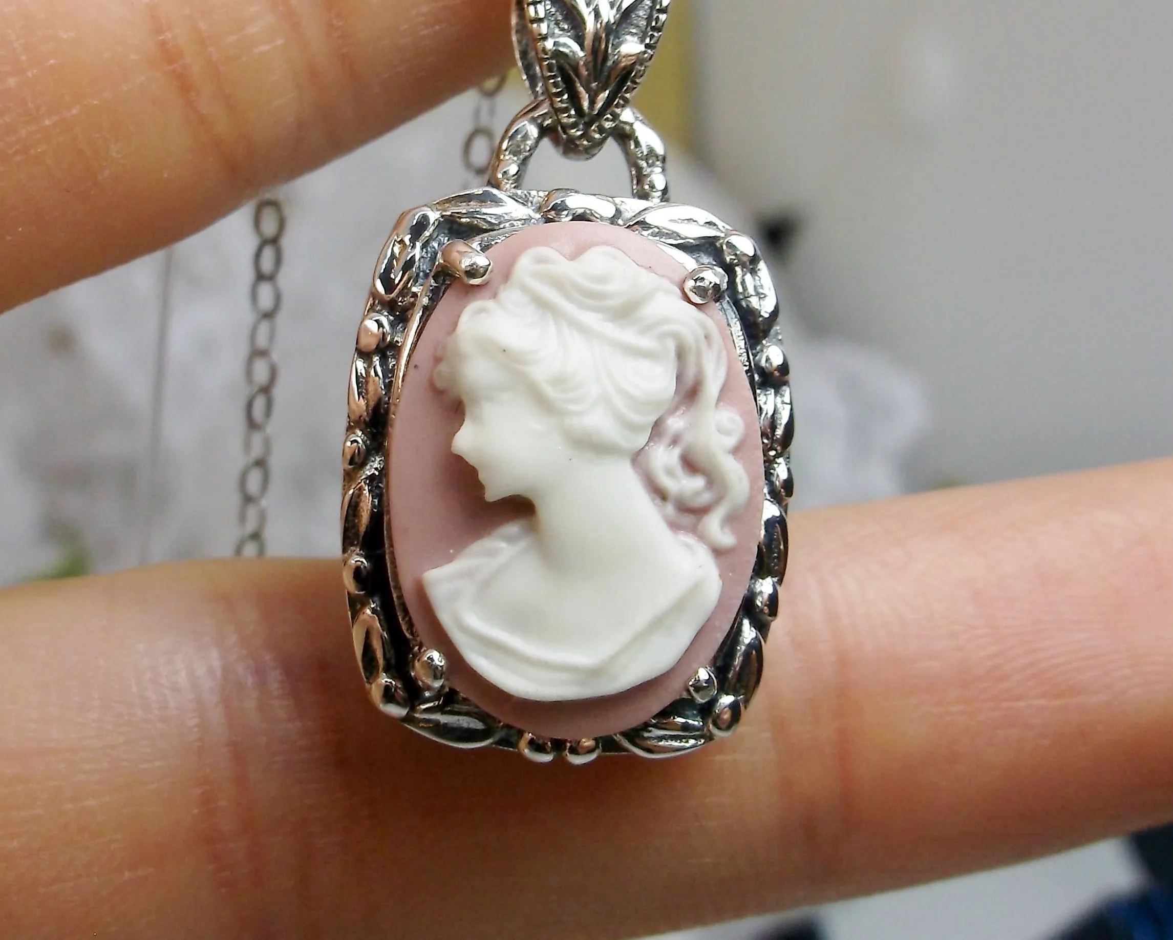 Cameo | Pink Lady, Silver Filigree Pendant, Art Nouveau Necklace #P120