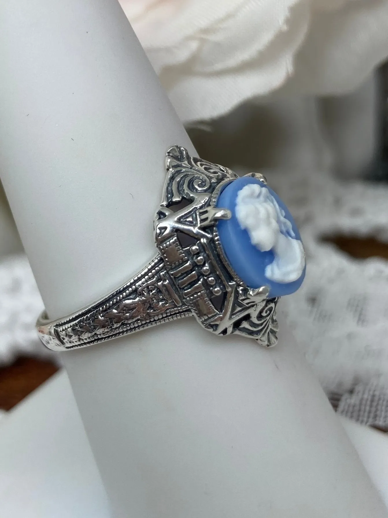 Cameo Ring | Blue Lady, Silver Filigree, Art Deco Jewelry, Cleopatra D209