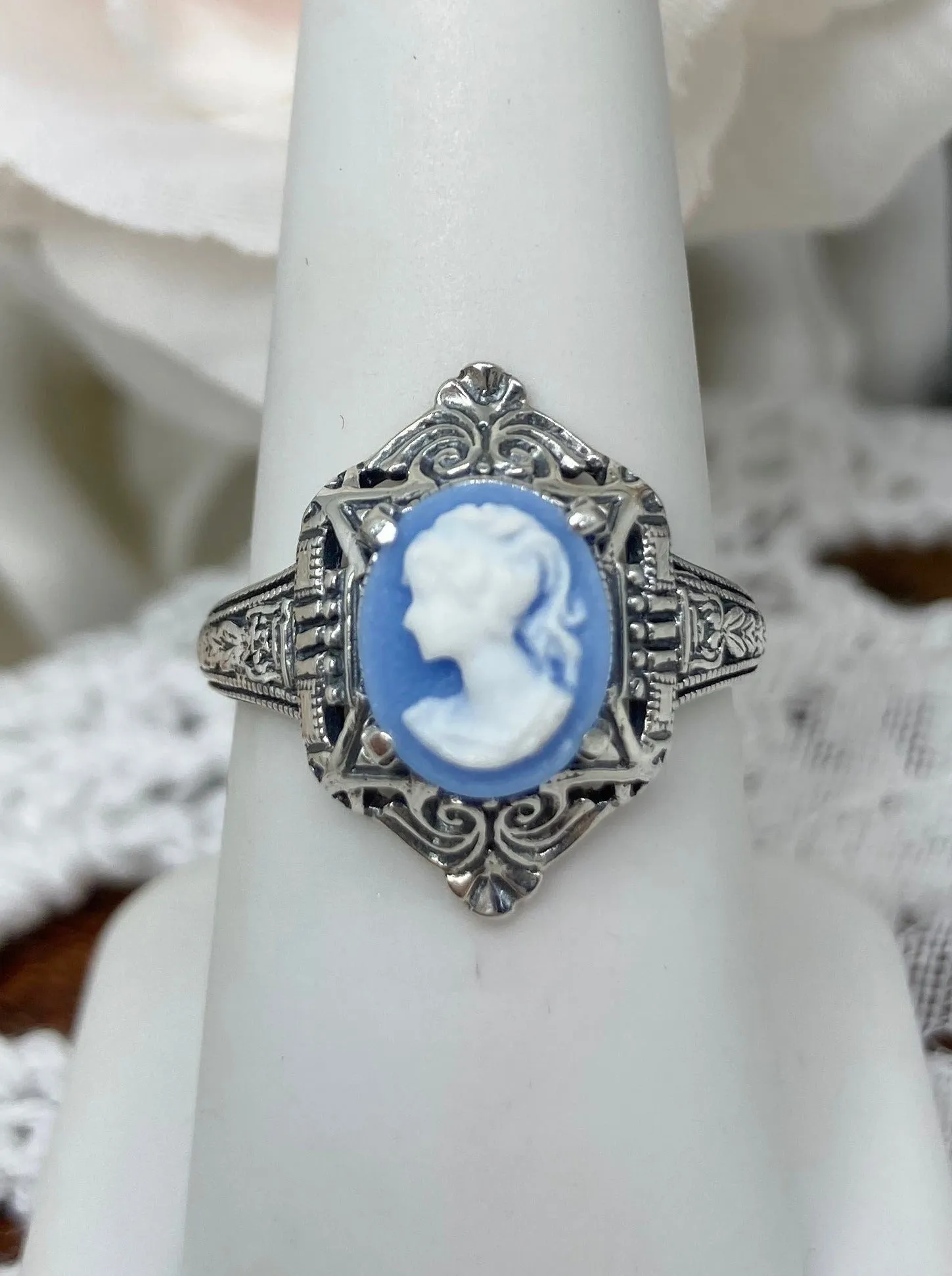 Cameo Ring | Blue Lady, Silver Filigree, Art Deco Jewelry, Cleopatra D209