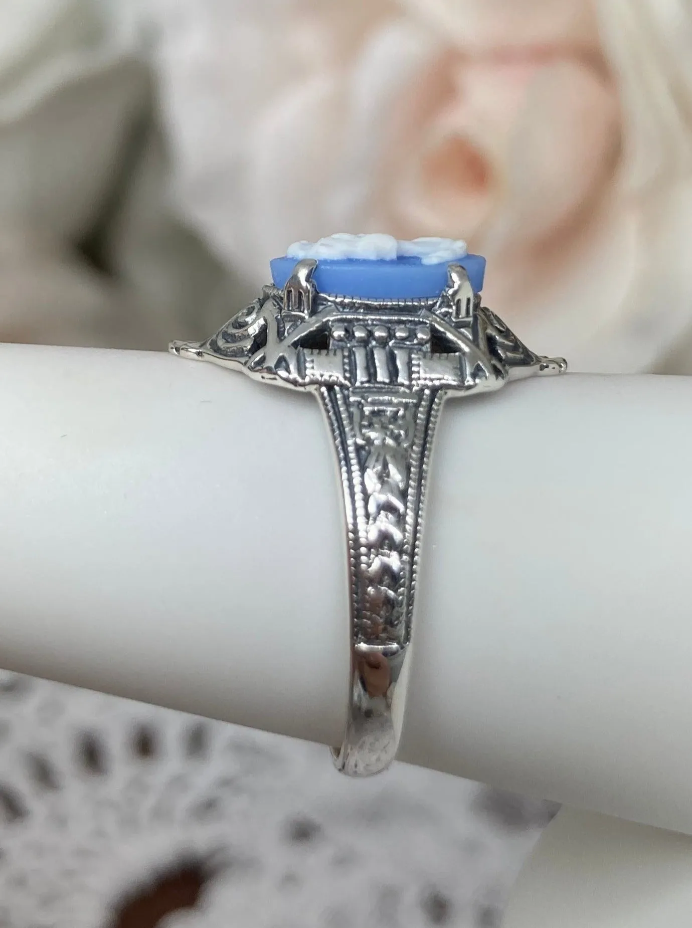 Cameo Ring | Blue Lady, Silver Filigree, Art Deco Jewelry, Cleopatra D209