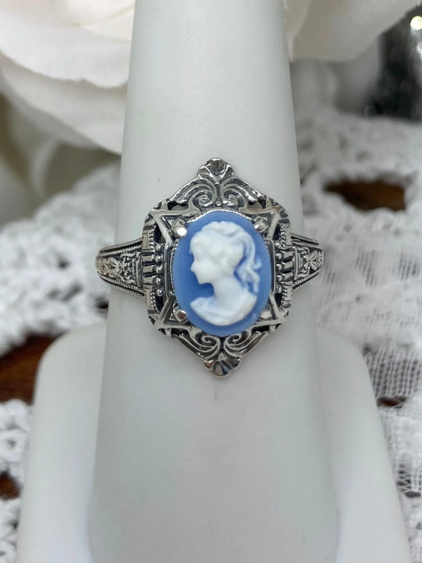 Cameo Ring | Blue Lady, Silver Filigree, Art Deco Jewelry, Cleopatra D209
