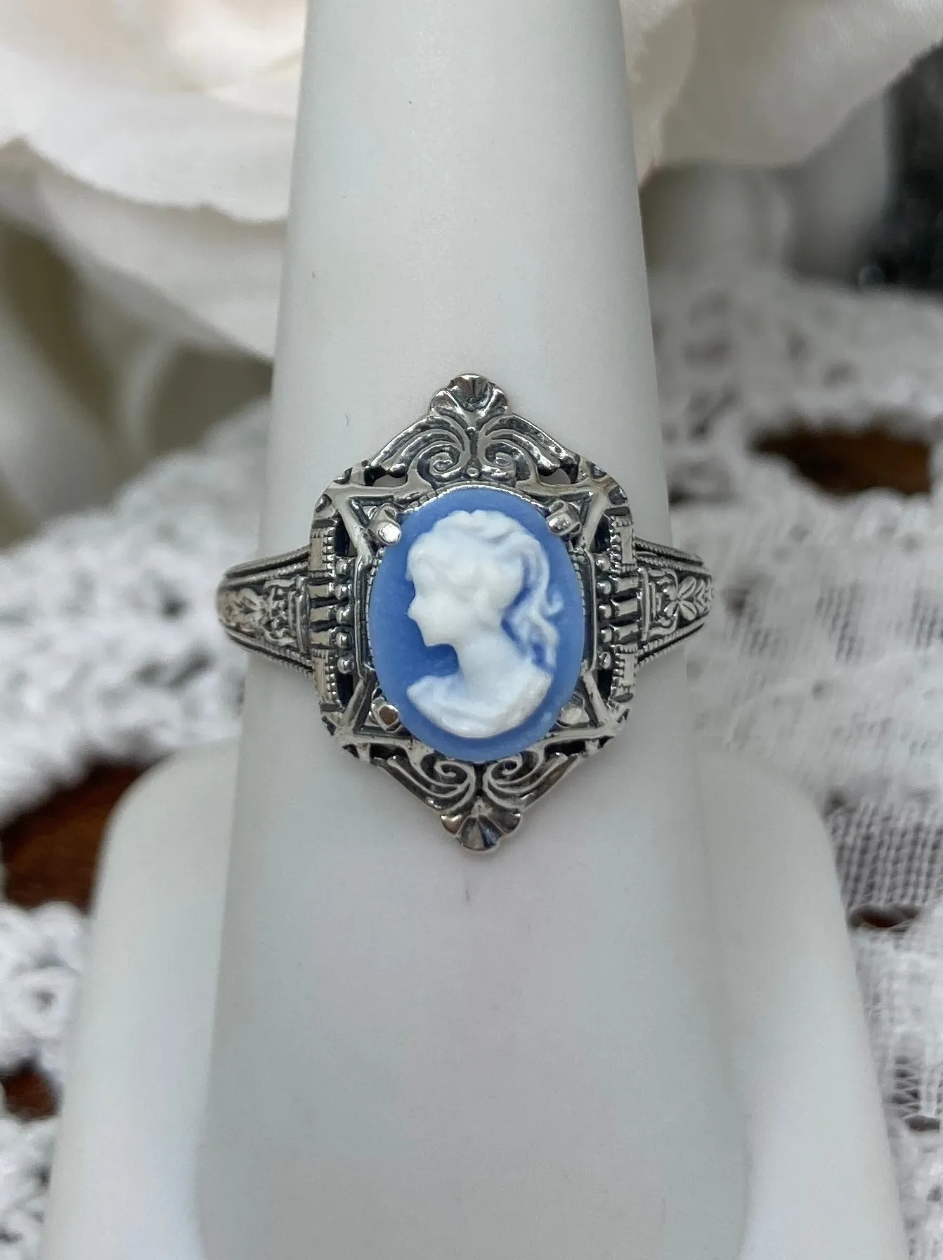 Cameo Ring | Blue Lady, Silver Filigree, Art Deco Jewelry, Cleopatra D209
