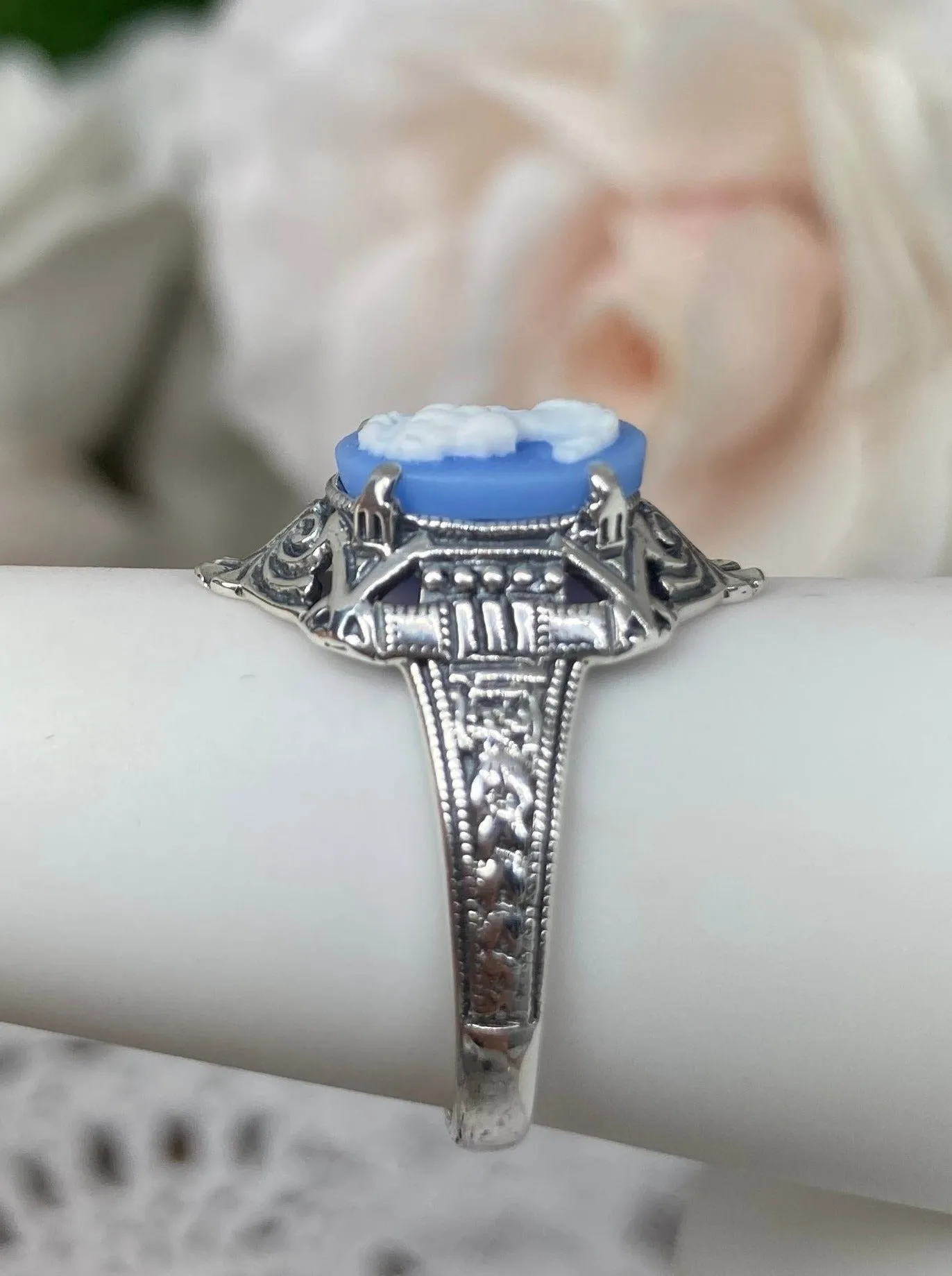 Cameo Ring | Blue Lady, Silver Filigree, Art Deco Jewelry, Cleopatra D209