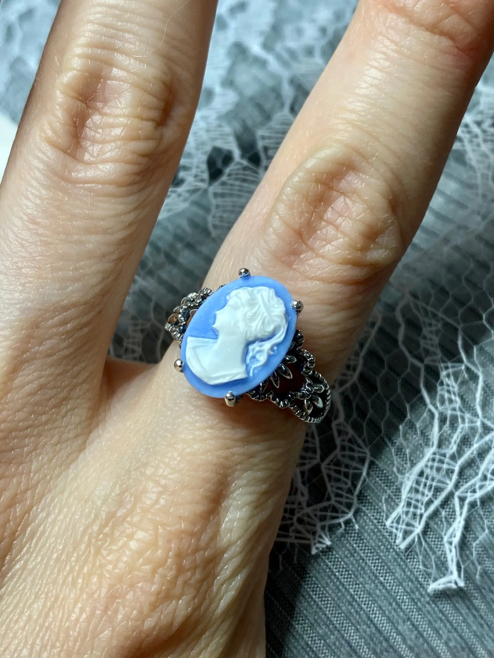 Cameo Ring | Blue Lady, Silver Filigree, Victorian Gothic Jewelry, Ace D92
