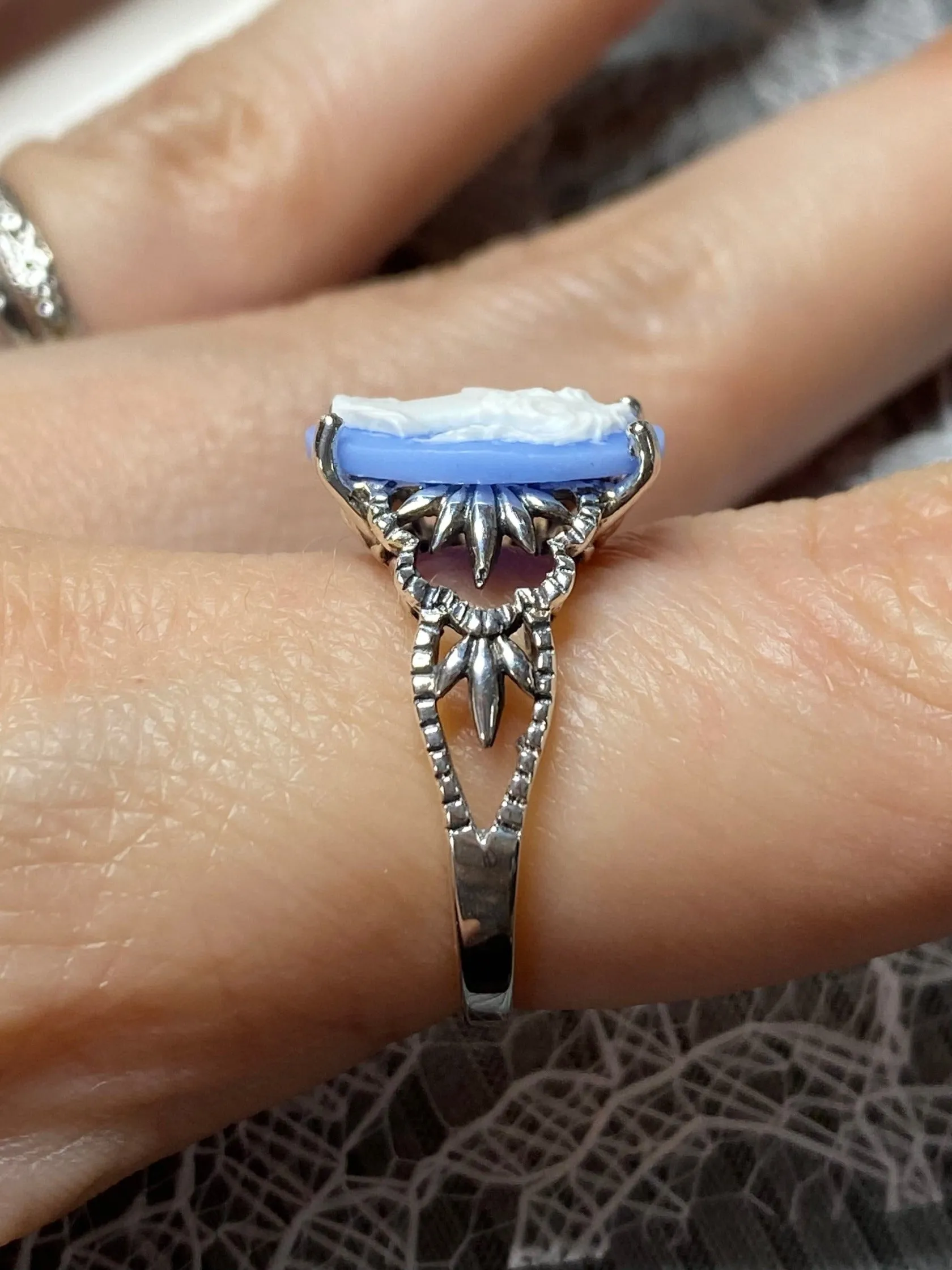 Cameo Ring | Blue Lady, Silver Filigree, Victorian Gothic Jewelry, Ace D92