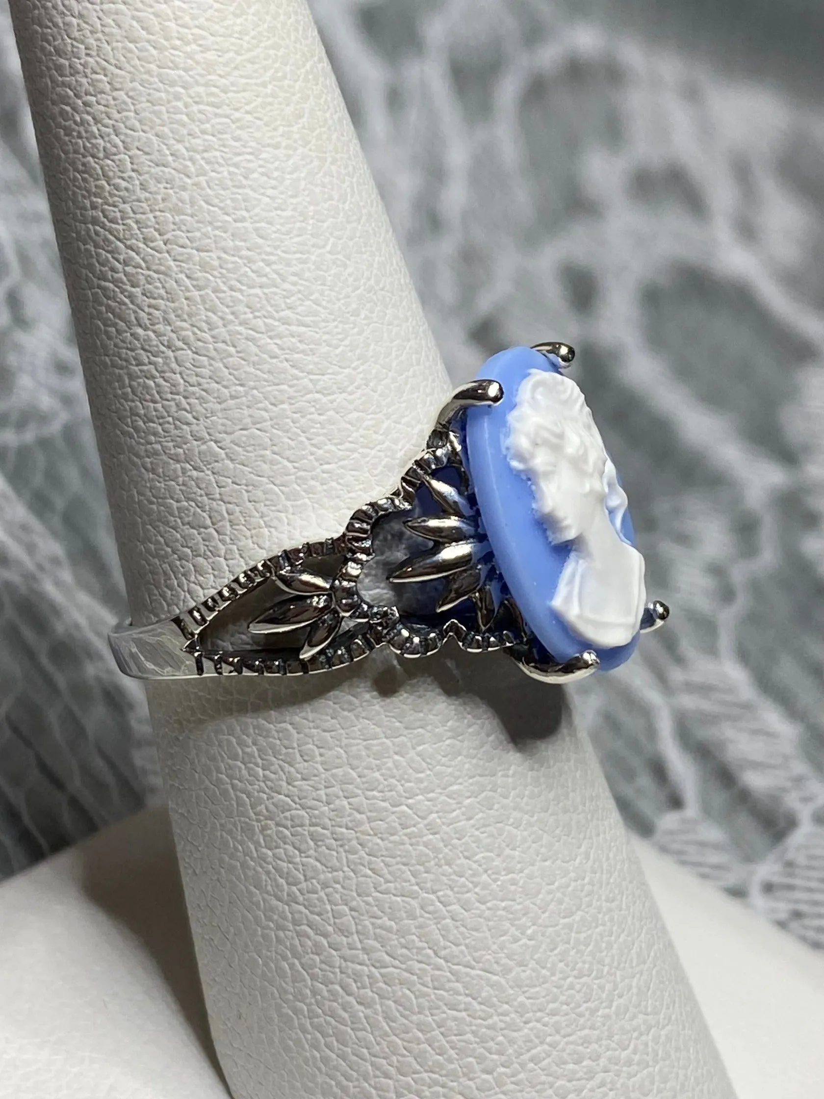 Cameo Ring | Blue Lady, Silver Filigree, Victorian Gothic Jewelry, Ace D92