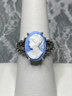 Cameo Ring | Blue Lady, Silver Filigree, Victorian Gothic Jewelry, Ace D92