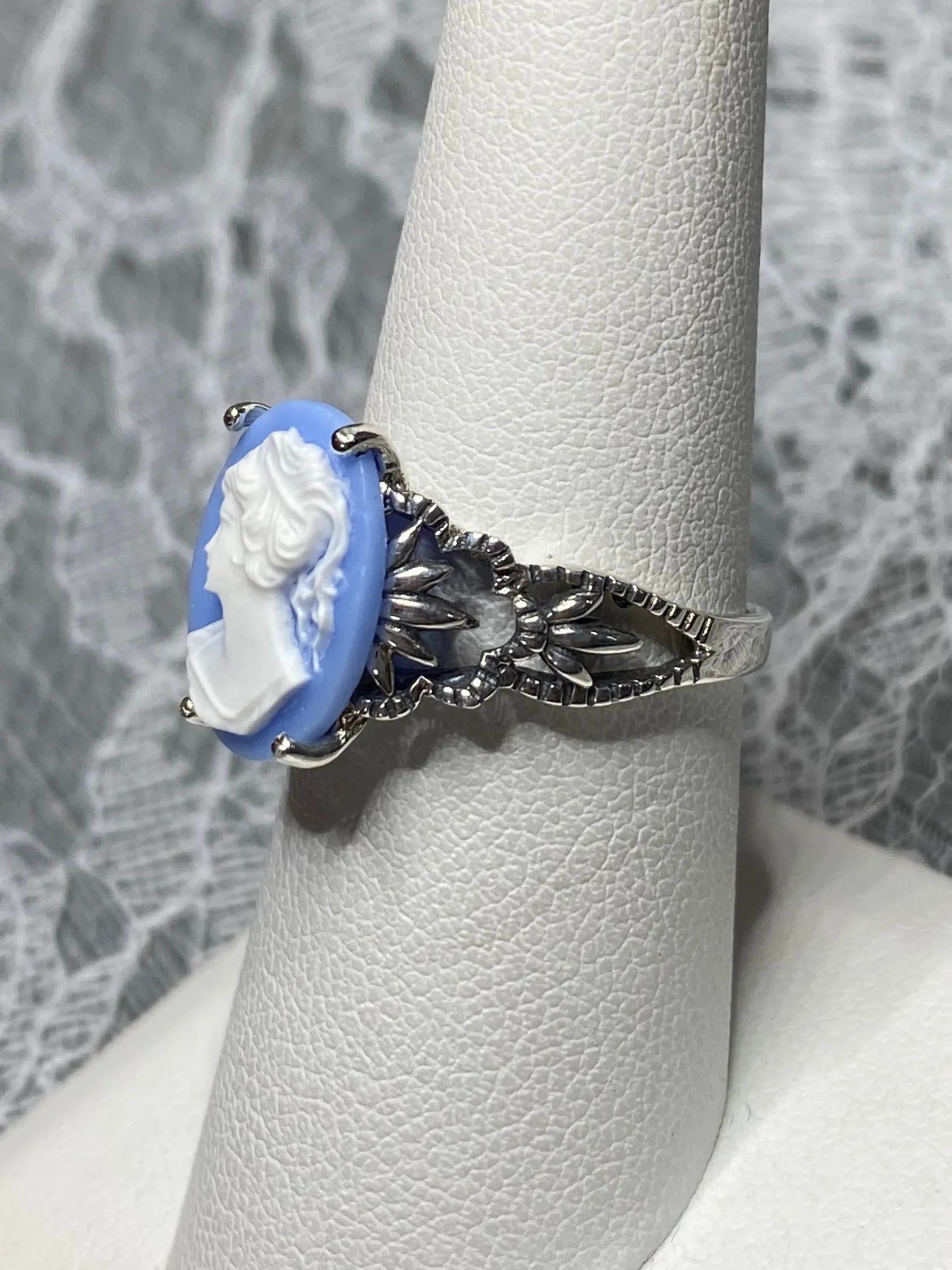 Cameo Ring | Blue Lady, Silver Filigree, Victorian Gothic Jewelry, Ace D92