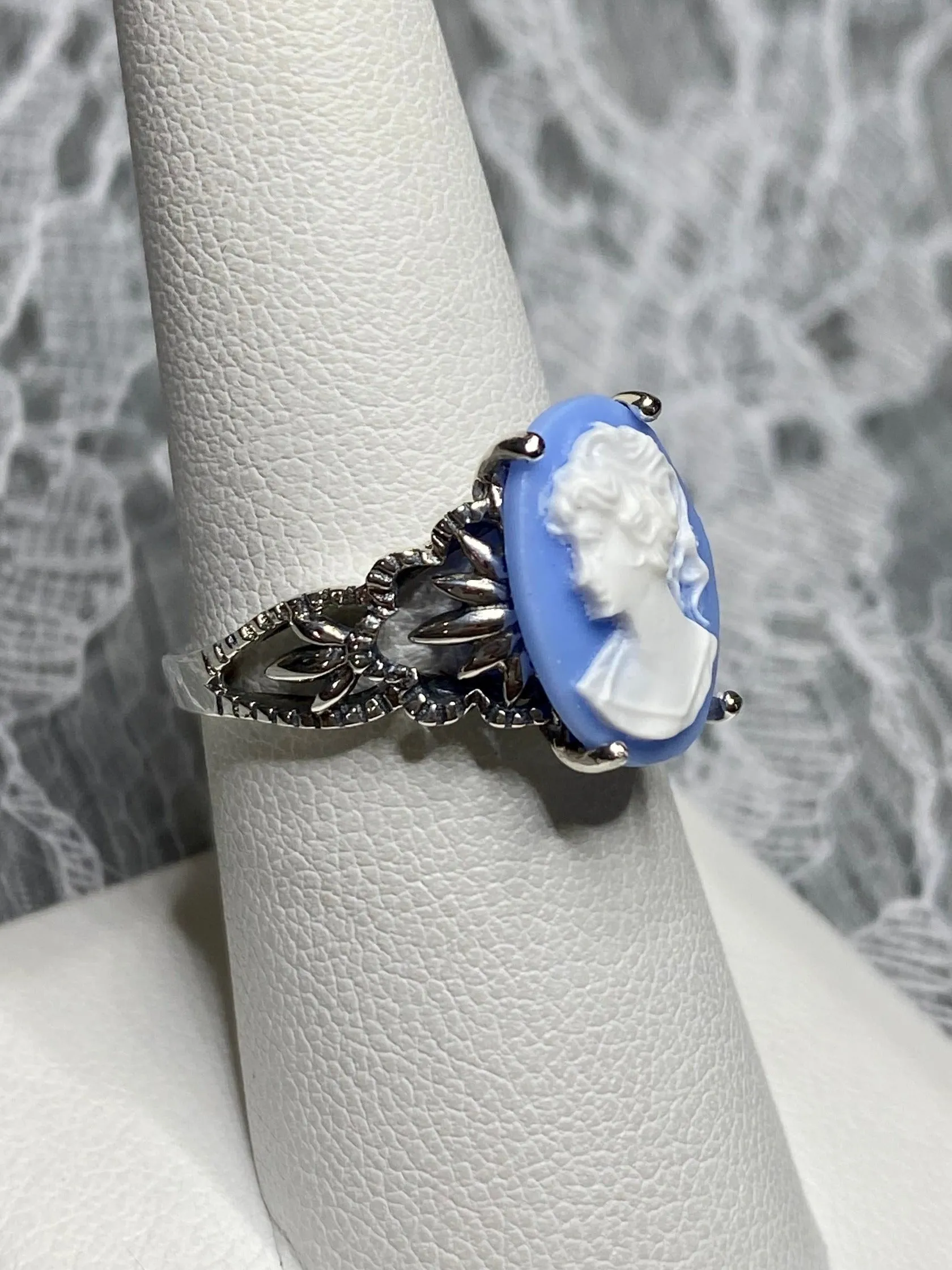 Cameo Ring | Blue Lady, Silver Filigree, Victorian Gothic Jewelry, Ace D92