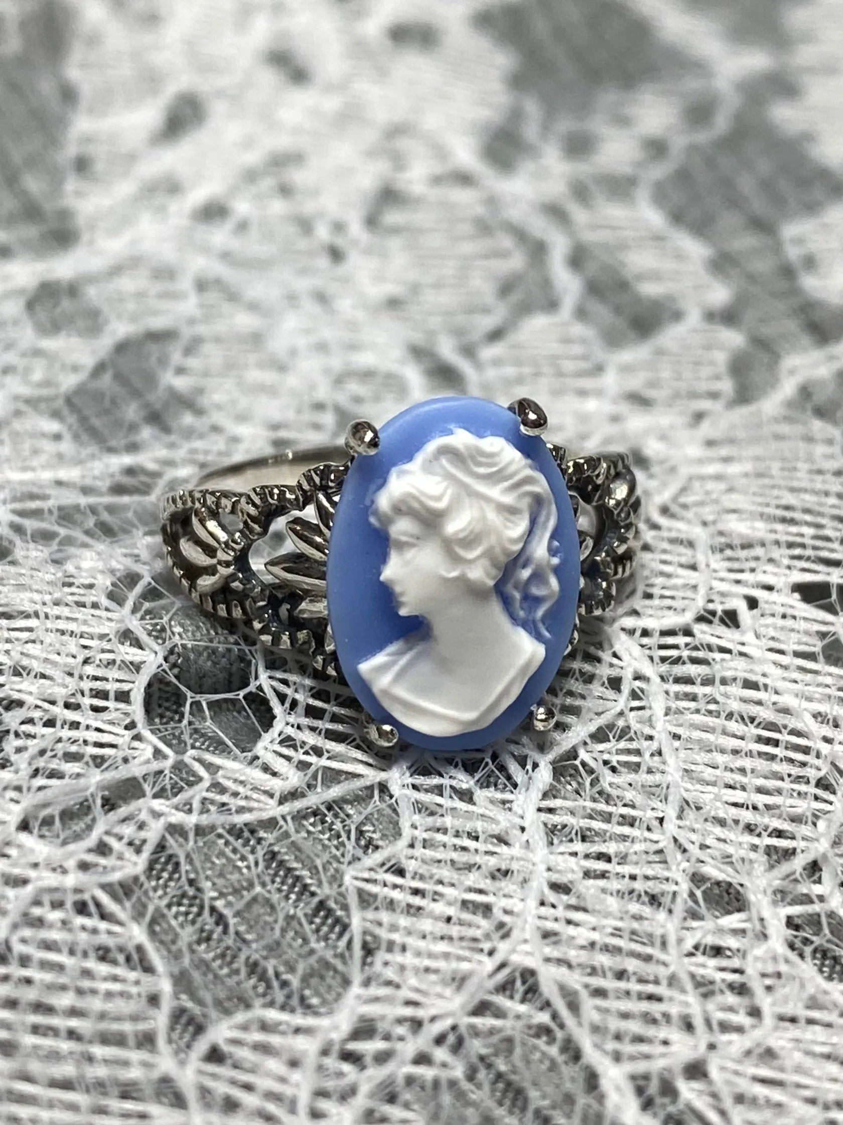 Cameo Ring | Blue Lady, Silver Filigree, Victorian Gothic Jewelry, Ace D92