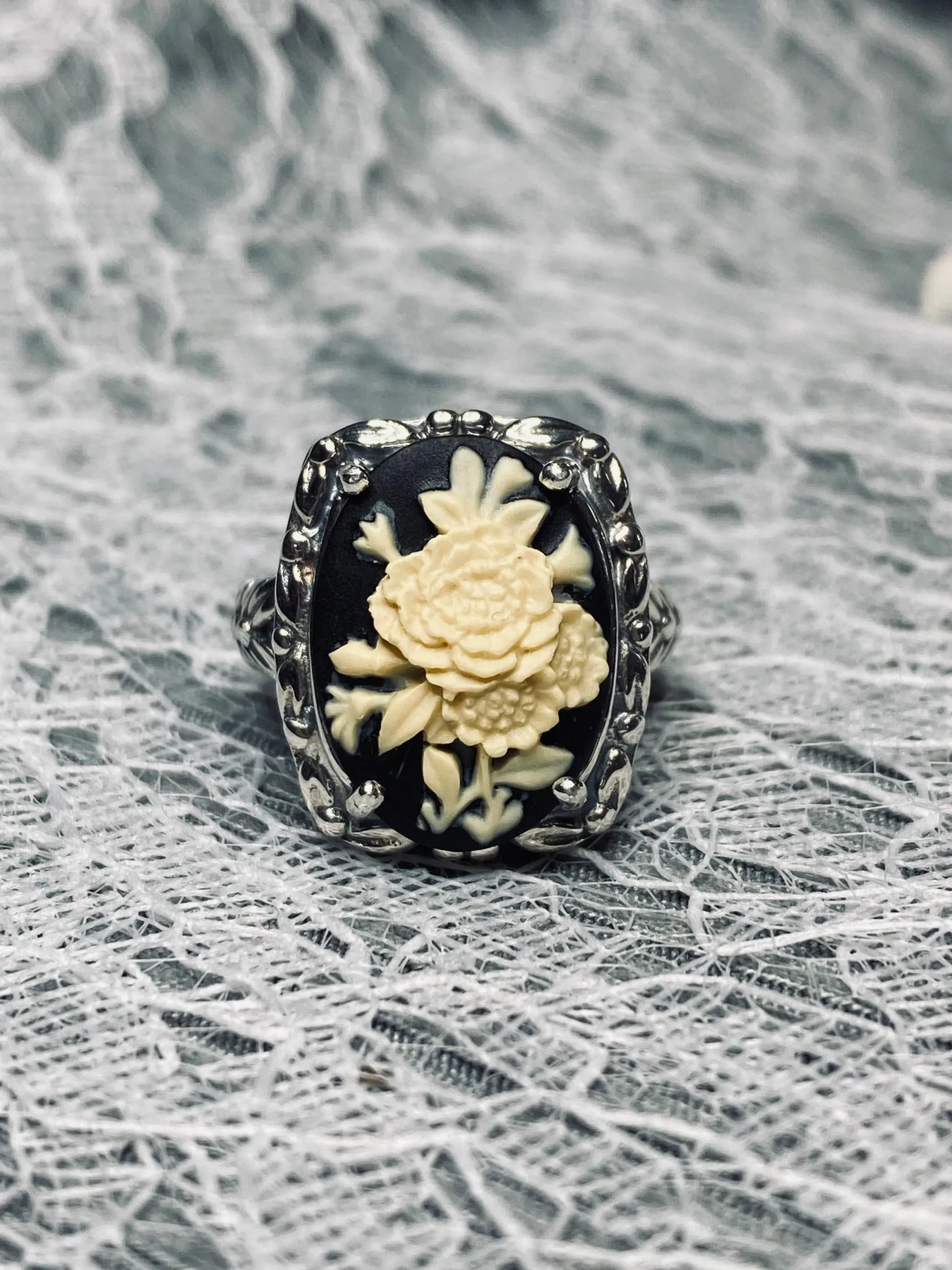 Cameo Ring | Ivory Bouquet, Vintage Victorian style Jewelry, Leaf Accent D120
