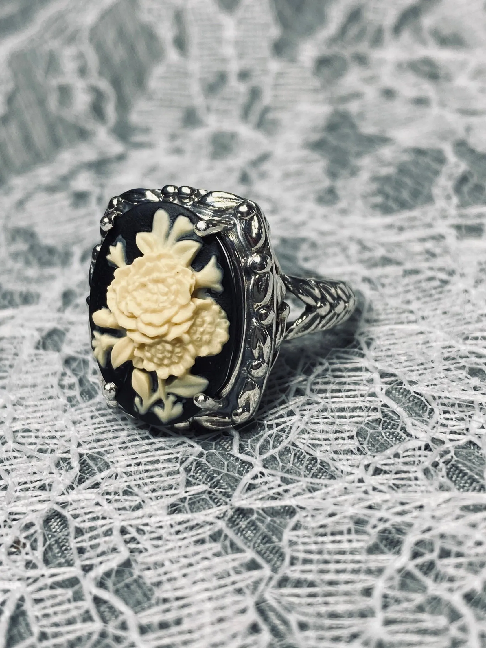 Cameo Ring | Ivory Bouquet, Vintage Victorian style Jewelry, Leaf Accent D120