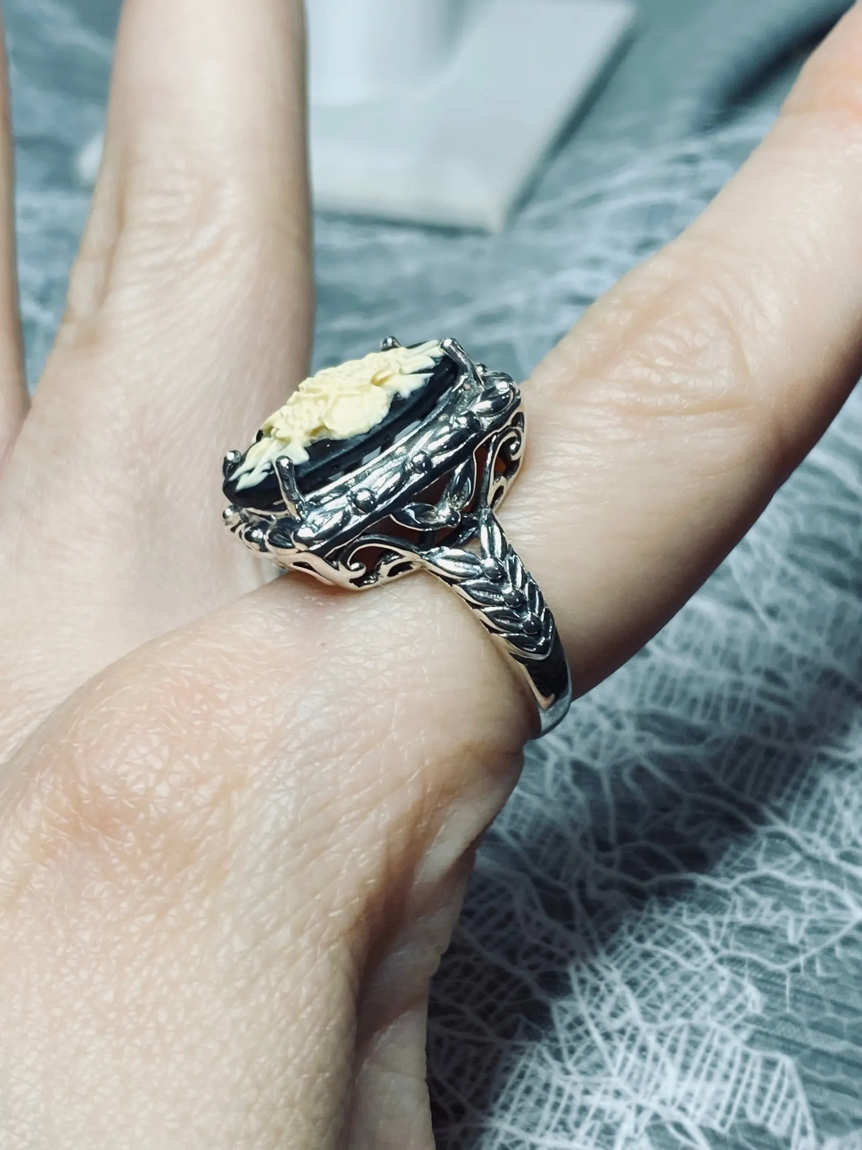 Cameo Ring | Ivory Bouquet, Vintage Victorian style Jewelry, Leaf Accent D120