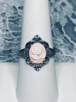 Cameo Ring | Pink & White Rose, Silver Filigree, Art Deco Jewelry, Cleopatra D209