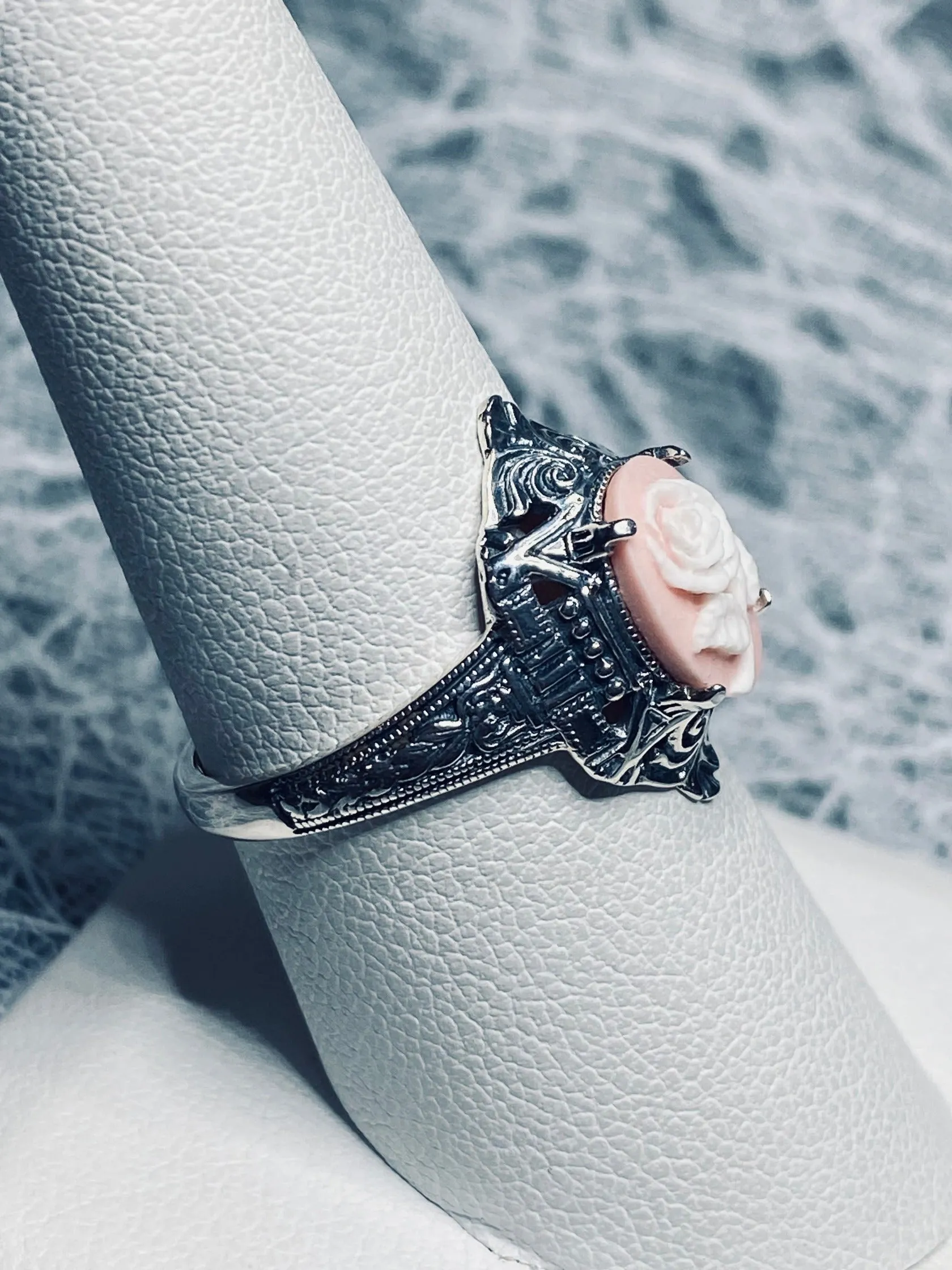 Cameo Ring | Pink & White Rose, Silver Filigree, Art Deco Jewelry, Cleopatra D209