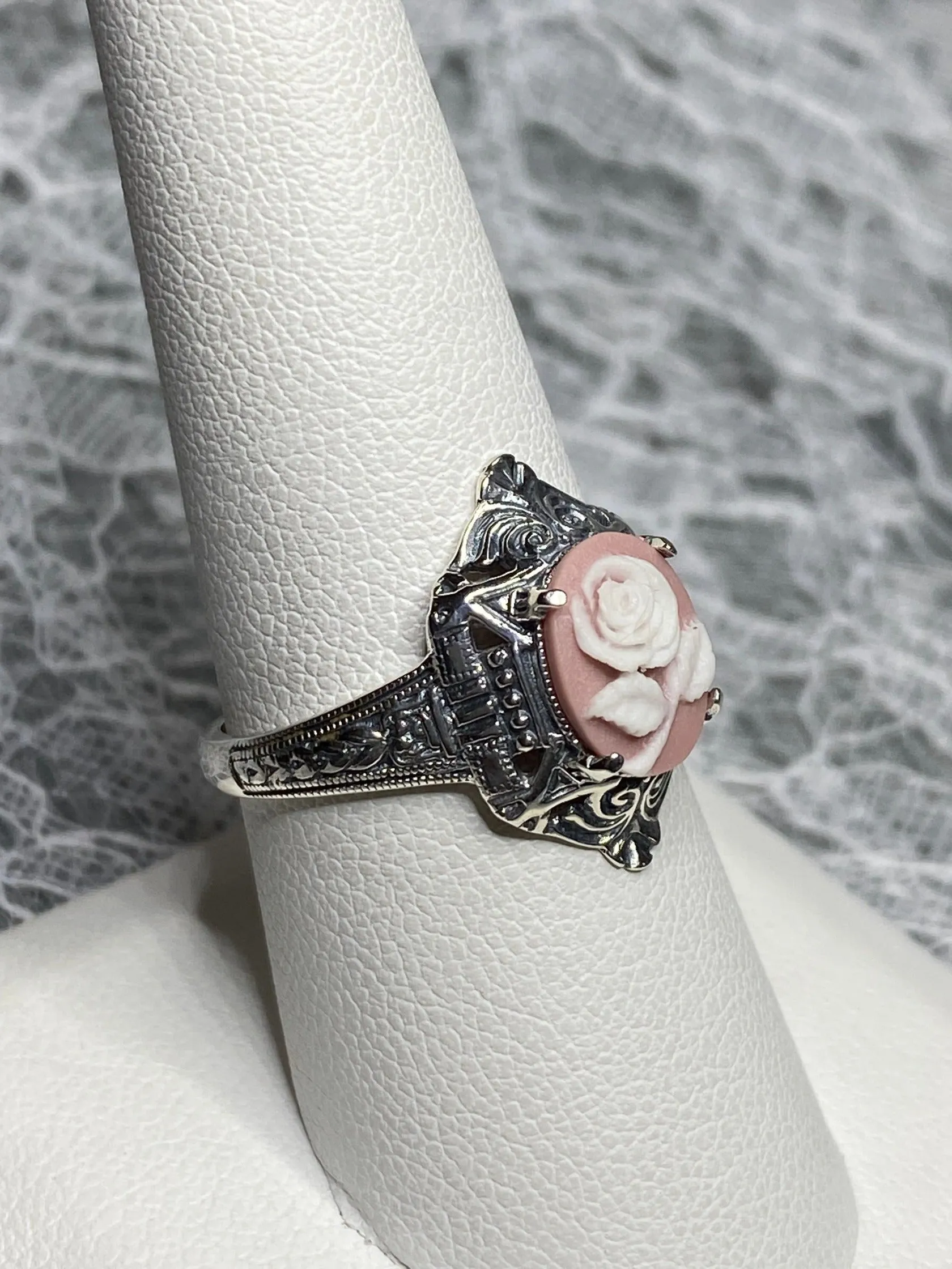 Cameo Ring | Pink & White Rose, Silver Filigree, Art Deco Jewelry, Cleopatra D209