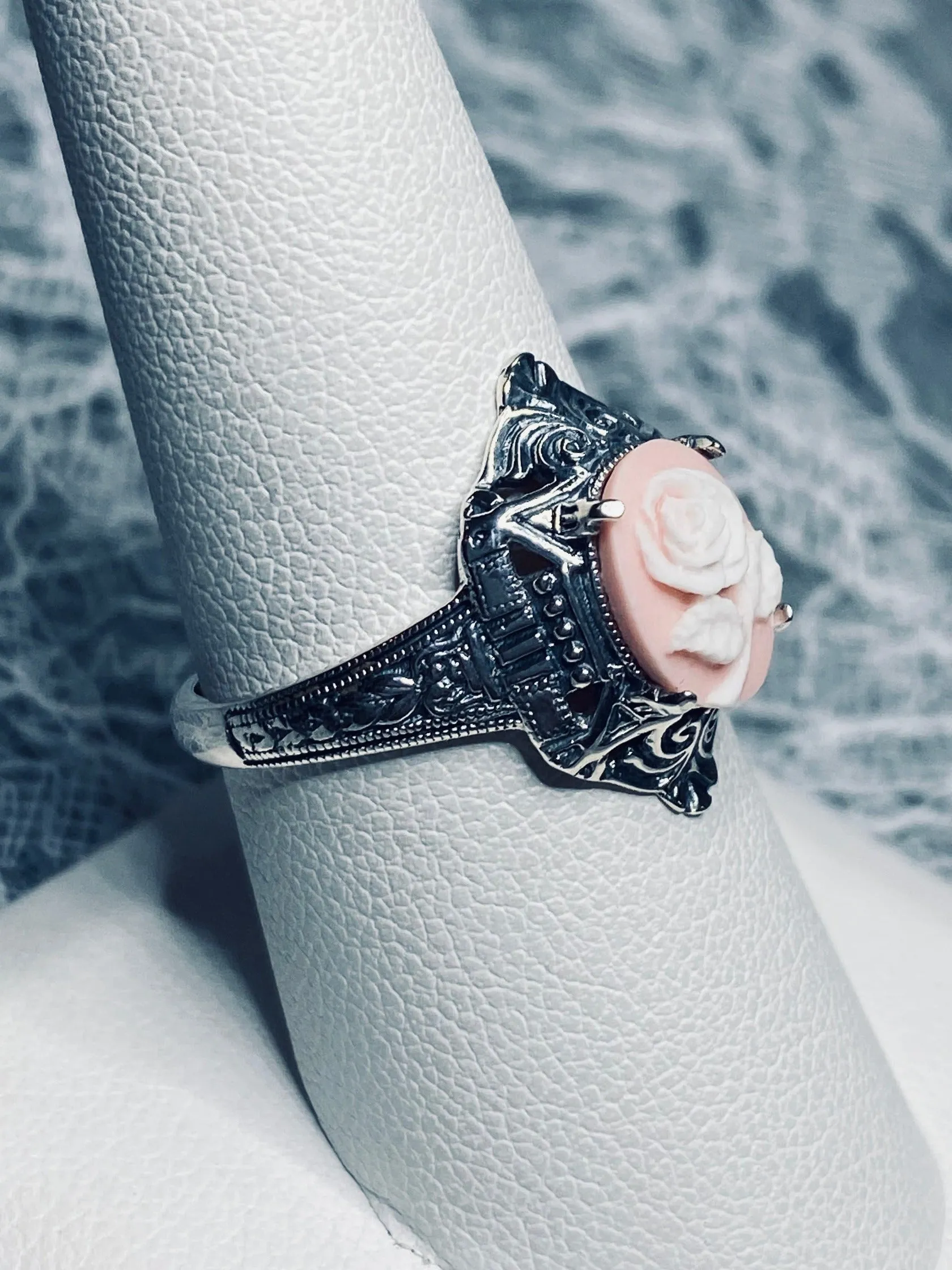 Cameo Ring | Pink & White Rose, Silver Filigree, Art Deco Jewelry, Cleopatra D209